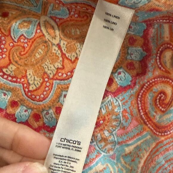 Chicos No Iron Button Down Top Size 3 (XL) Linen 3/4 Sleeve Paisley Funky Blouse - Picture 11 of 12